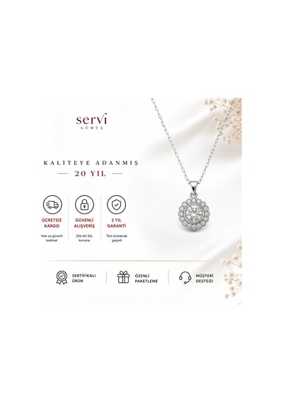 Servi 925 Ayar Gümüş Tektaşlı Çiçek Kolye-468