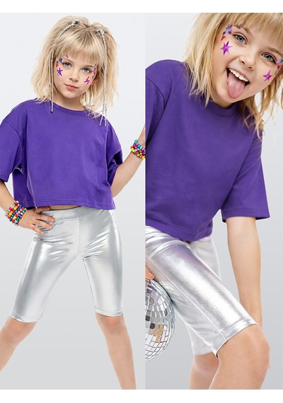 Denokids Kız Çocuk Tayt Gümüş Gri Parlak Metalik Disco Tayt Dizüstü Varak Kumaş Renkli