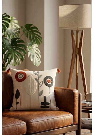 Renkli Modern Çiçek Desenli Kabartmalı Punch Nakışlı Püsküllü Pamuk Dekoratif Kırlent Kılıfı 42x42 Cm Bej