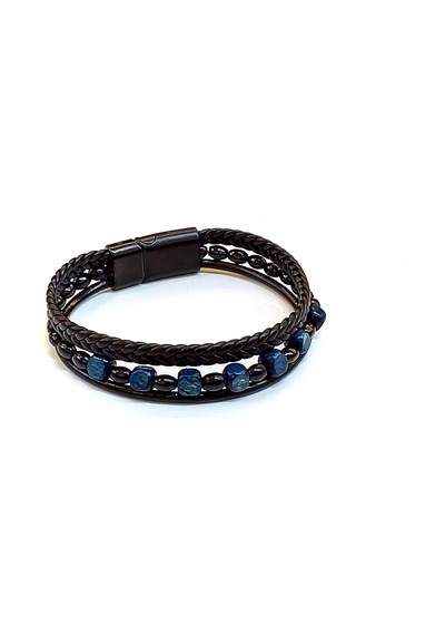 Blue Stone Chain Lacivert Doğaltaş Detaylı Çok Katmanlı Siyah Deri Erkek Bileklik-1437 Antrasit