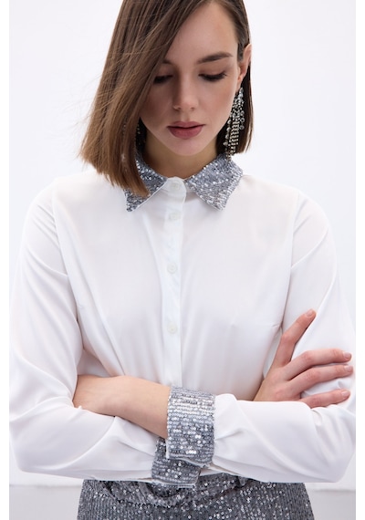 Sateen Payet Detaylı Saten Gömlek - Gri-136688 gri