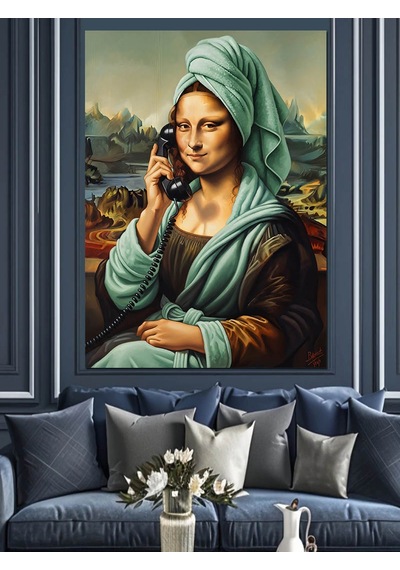 Ahşap Tablo Telefonla Konuşan Mona Lisa