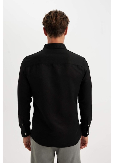 DeFacto Slim Fit Dar Kesim Düğmeli Dokulu Düz Pamuk Karışımlı Uzun Kollu Siyah Gömlek T2066AZ24AUBK81