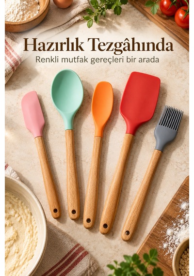 Mutfak Gereçleri Seti Ahşap Görünümlü Saplı Renkli Başlıklar Turuncu