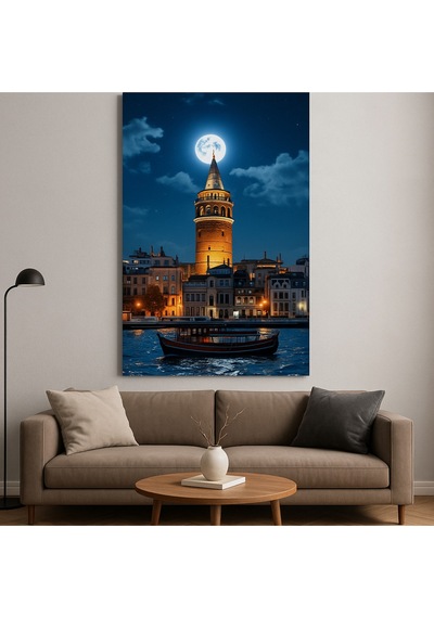 Galata Kulesi Ve Dolunay İstanbul Un Büyüsü Cam Tablo Gece Işıltısı Temalı