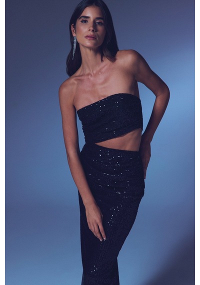 Sateen Bel Dekolteli Payet Elbise - Siyah-135406 Siyah