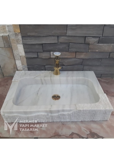 Afyon Beyaz Mermer Özel Dizayn Lavabo - Batarya Çıkışlı