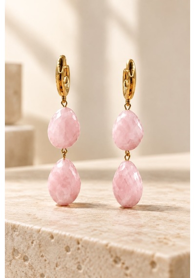 Gold Pembe İkili Damla Taşlı Sallantılı Küpe - Romantik Halka Takı