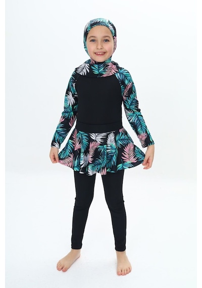 My Kids Wear Üç Parça Kız Çocuk Haşema, Tesettür, Etekli, Kapalı Mayo Mor - Lacivert