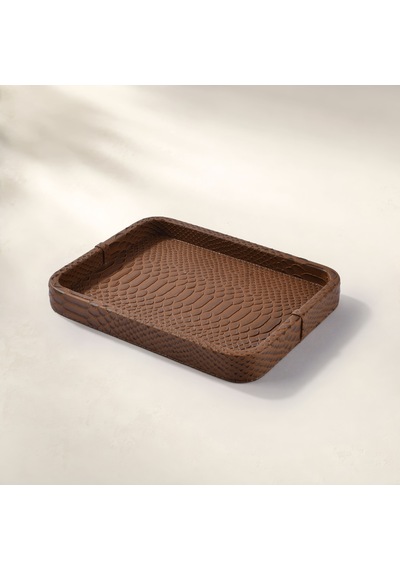 Cleo Krokodil Dekoratif Deri Tepsi Kahverengi 30x23x3 Cm