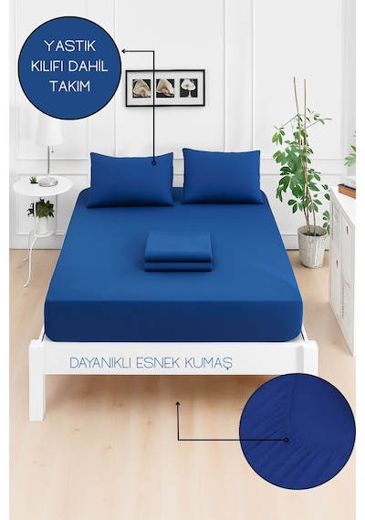 Mirava Premium %100 Pamuk Penye Lastikli Tek Kişilik Çarşaf Takımı 1 Yastık Kılıfı Dahil Lacivert 120x200cm Lacivert