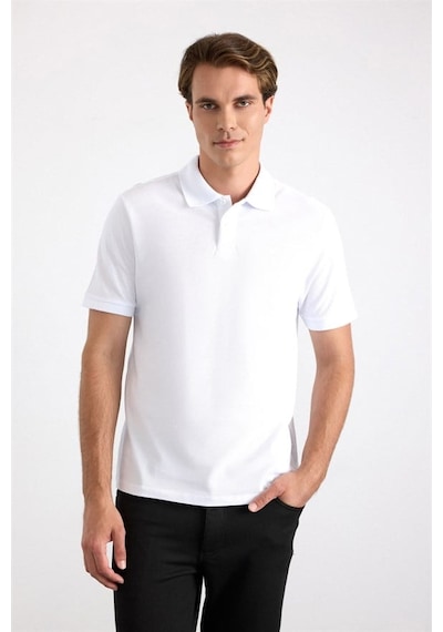 Süvari Beyaz Regular Düz Nakışlı Pike Düğmeli Polo Yaka Tişört Ts1014000473-bey