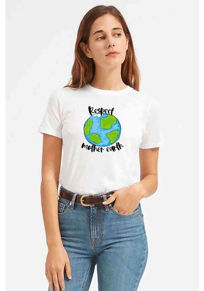 Respect Mother Earth Baskılı Beyaz Kadın Tshirt