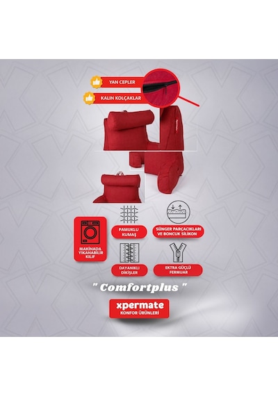 Xpermate TV Yastığı Kollu Okuma Yastığı Sırt Destek Yastığı Yatakta Oturma Kitap Okuma Yastığı Kırmızı