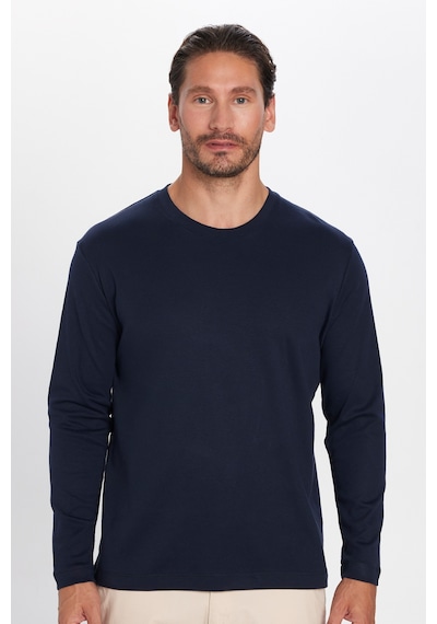 Tudors Unisex Relax Fit Rahat Kesim %100 Pamuk Uzun Kollu Bisiklet Yaka Lacivert Basic Tişört-32655 Lacivert