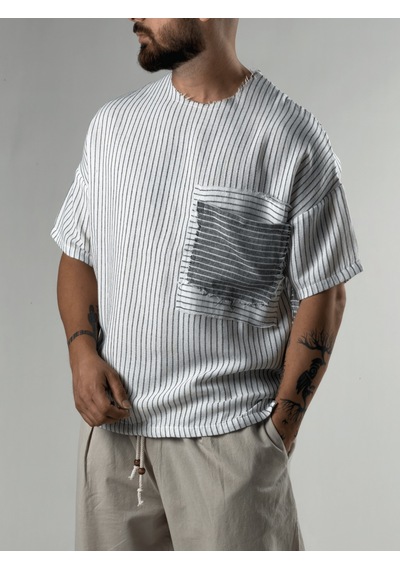 Cocopelli Beyaz Çizgili Patch Bohem Erkek T-shirt Coc3279