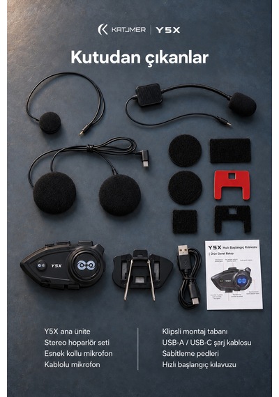 Y5x Bluetooth 5.1 Motosiklet İnterkom Kulaklığı 500 1000 M, Ipx6, 1000 Mah, Cvc, Çift Telefon - Siyah