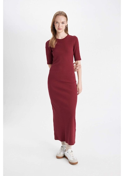 DeFacto 	Bodycon Vücuda Oturan Bisiklet Yaka Basic Düz Fitilli Kaşkorse Kısa Kollu Maxi Bordo Elbise D8623AX24AUBR248