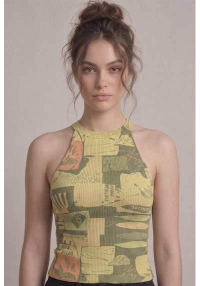 Neden Tekstil Kadın Fitilli Grafik Desenli Baskılı Halter Yaka Crop Bluz - Sarı