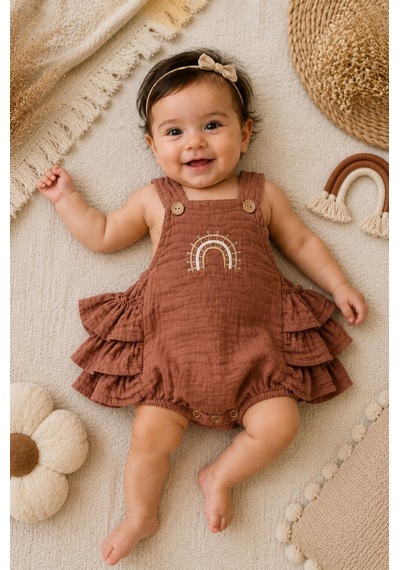 Mnk Baby & Kids Gökkuşağı Detaylı %100 Pamuk Müslin Bebek Tulum M00852 Kahverengi