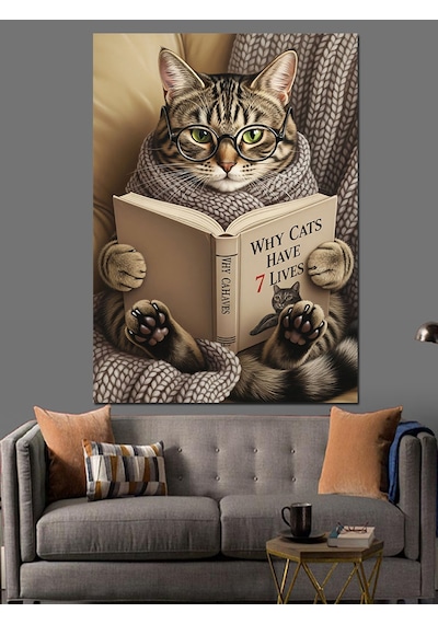 Ahşap Tablo Yatakta Kitap Okuyan Kedi