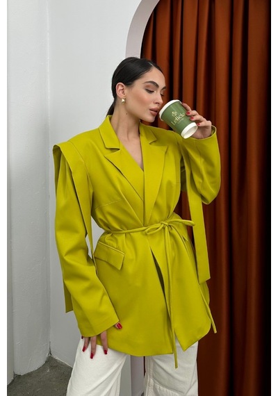 Msm Fashion Kadın Oversize Blazer Ceket Kuşaklı Omuz Detaylı Limon Yeşili Yeşil