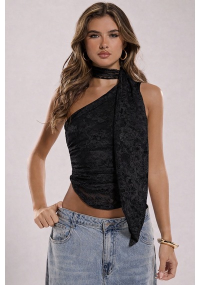 Wild Flower Dantel Detaylı Tek Omuz Şal Detaylı Tek Omuz Crop Bluz Siyah
