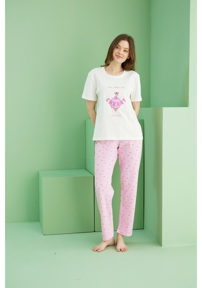 Siyah İnci Pamuklu Bisiklet Yaka Örme Pijama Takım25117085 Ekru