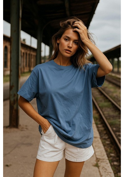 Kadın Mavi %100 Pamuk Oversize Basic Tişört Rahat Kalıp Relaxed Bisiklet Yaka T-shirt Çok Renkli