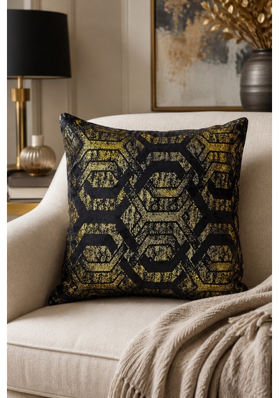 Siyah Gold Geometrik Desenli Dekoratif Kırlent Kılıfı 43x43 Cm