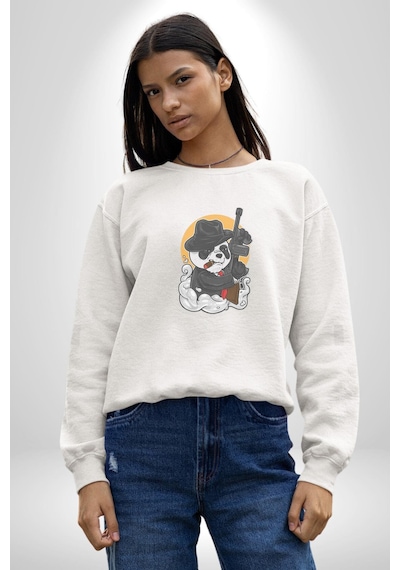 Gangster Panda Unisex Beyaz Baskılı Sweatshirt Beyaz