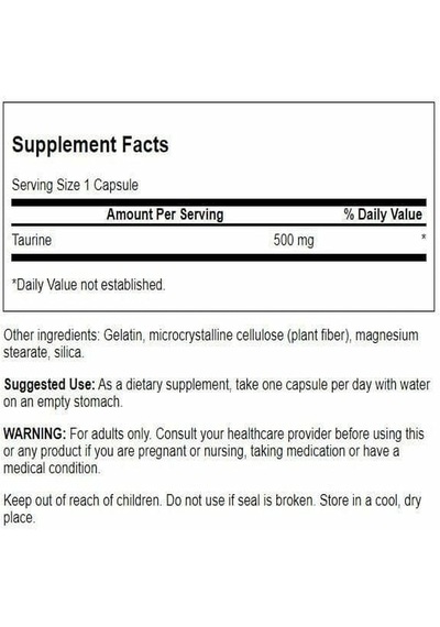 Swanson Taurine 500 Mg 100 Kapsül Usa Menşeii Dmmedicineden Orijinal Aromasız