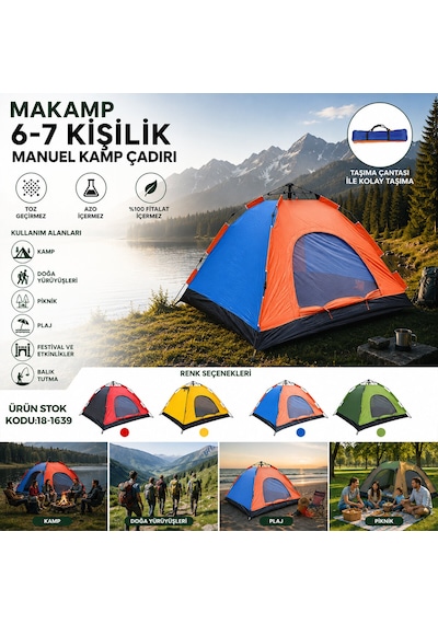 6-7 Kişilik Toz Geçirmez 220cmx250cmx150cm Manuel Kamp Çadır Herhangi Bir Renk Gönderilir 5570 Çok Renkli