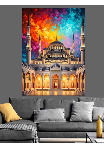 Ahşap Tablo Renkli Gökyüzü Altında Görkemli Cami İnsan Figürlü Tablolar