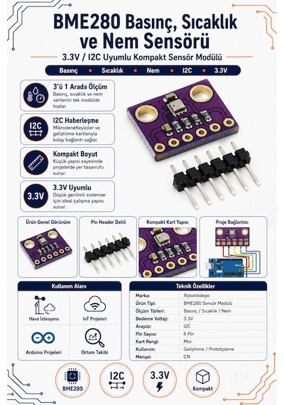 Bme280 Basınç, Sıcaklık Ve Nem Sensörü - 3.3v I2c