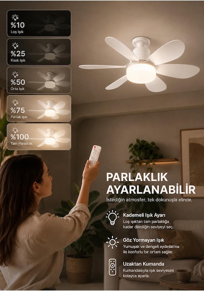 6 Kanat Uzaktan Kumandalı 3' Renk Ve Parlaklık Ayarlı Tavan Vantilatörü Beyaz