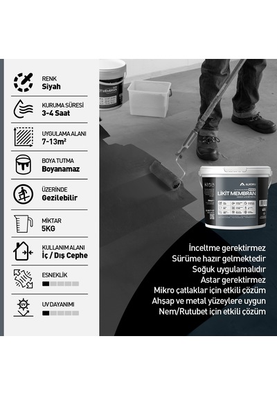 Alkoru 5 Kg Bitüm 1k Likit Membran Kauçuk Ve Elyaf Katkılı