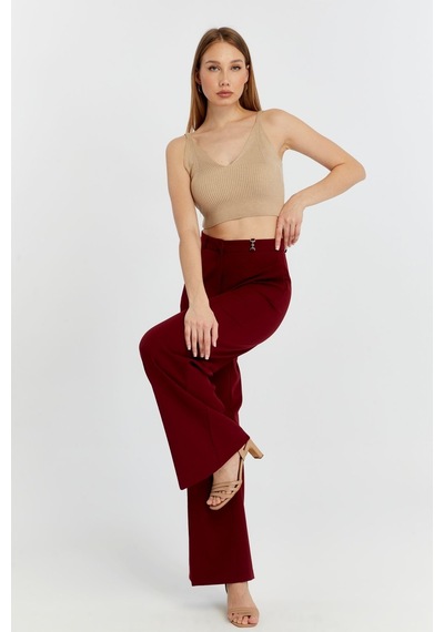 Bolivente Bordo Palazzo Geniş Paça Dokuma Kumaş Pantolon Bordo