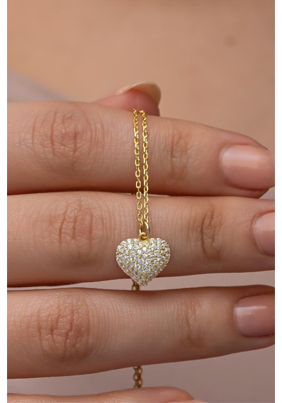 Nereze 925 Ayar Gümüş Gold Kaplama Zirkon Taşlı Minimal Kalp Kolye