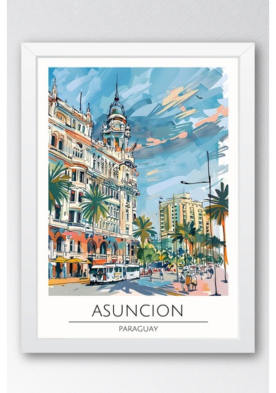 Paraguay Asuncion Temalı Çerçeveli Tablo Travel Serisi Modern İllüstrasyon Şehir Duvar Dekoru Beyaz