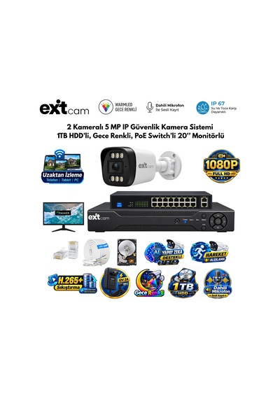 Exitcam 2 Kameralı 5 Mp Ip Poe Güvenlik Kamera Sistemi 20 İnç Monitör, 1 Tb Hdd, 100 Metre Kablo, Sesli Ve Gece Renkli