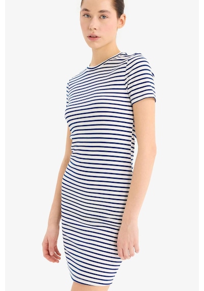 DeFacto Coool Bodycon Vücudu Saran Bisiklet Yaka Çizgili Fitilli Kaşkorse Kısa Kollu Mini Elbise C1733AX25SPNV248