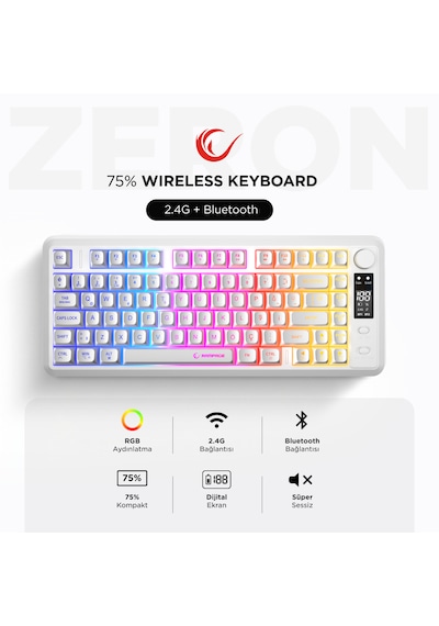 Rampage Rm-k87 Zeron Beyaz Kablosuz Rgb Oyuncu Klavyesi 2.4g + Bluetooth 75% Q Türkçe Gaming Klavye