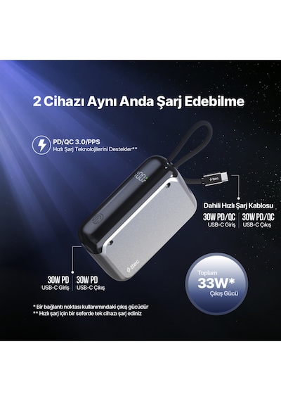 Ttec 2BB228UG Recharger LCD 10.000 mAh PD 30W USB-C Dahili Kablolu Taşınabilir Hızlı Şarj Aleti/Powerbank