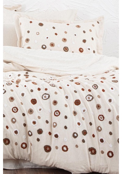 Ecocotton Lal Çift Kişilik Nevresim Takımı %100 Pamuk Keten Panç Nakışlı Bej 200x220 Cm-1527 Bej