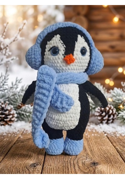 Penguen Kış Örgü Oyuncak Beyaz - mavi
