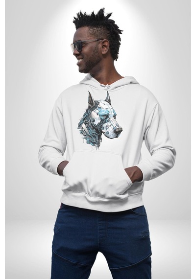 Robot Cyborg Köpek Doberman Kadın Erkek Beyaz Kapüşonlu Sweatshirt Hoodie Beyaz