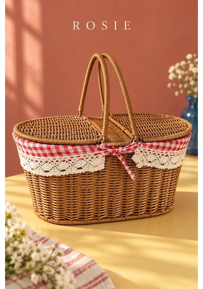 Rosıe Pötikare Desen Kumaş 2 Kapaklı Oval Piknik Sepeti 40 Cm Karışık