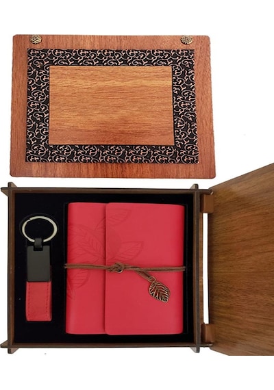 Ahşap Kutulu Kırmızı Deri Defter Ve Anahtarlık Set