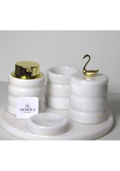 5 Parça Lüks Gold Detaylı %100 Mermer Banyo Seti Beyaz